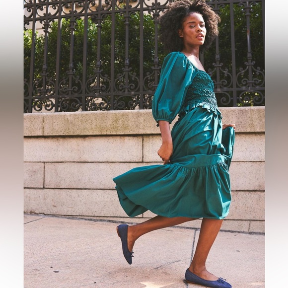 NWT CARA CARA shirred natella smocked poplin cotton midi dress puff sleeve M - Picture 5 of 6